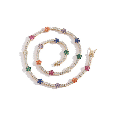 CZ Diamond Multicolor Blooming Flower Tennis Necklace