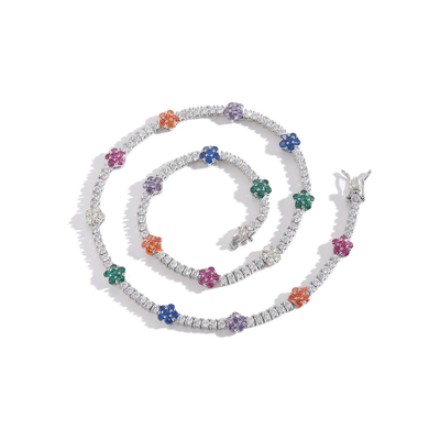 CZ Diamond Multicolor Blooming Flower Tennis Necklace