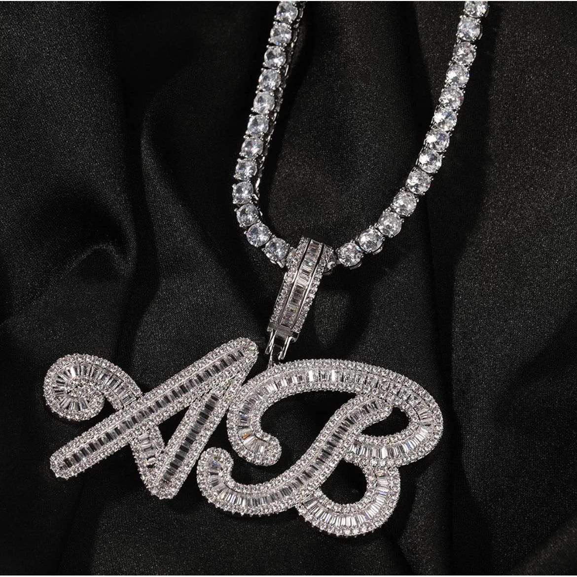 CZ Diamond Baguette Script Name Necklace
