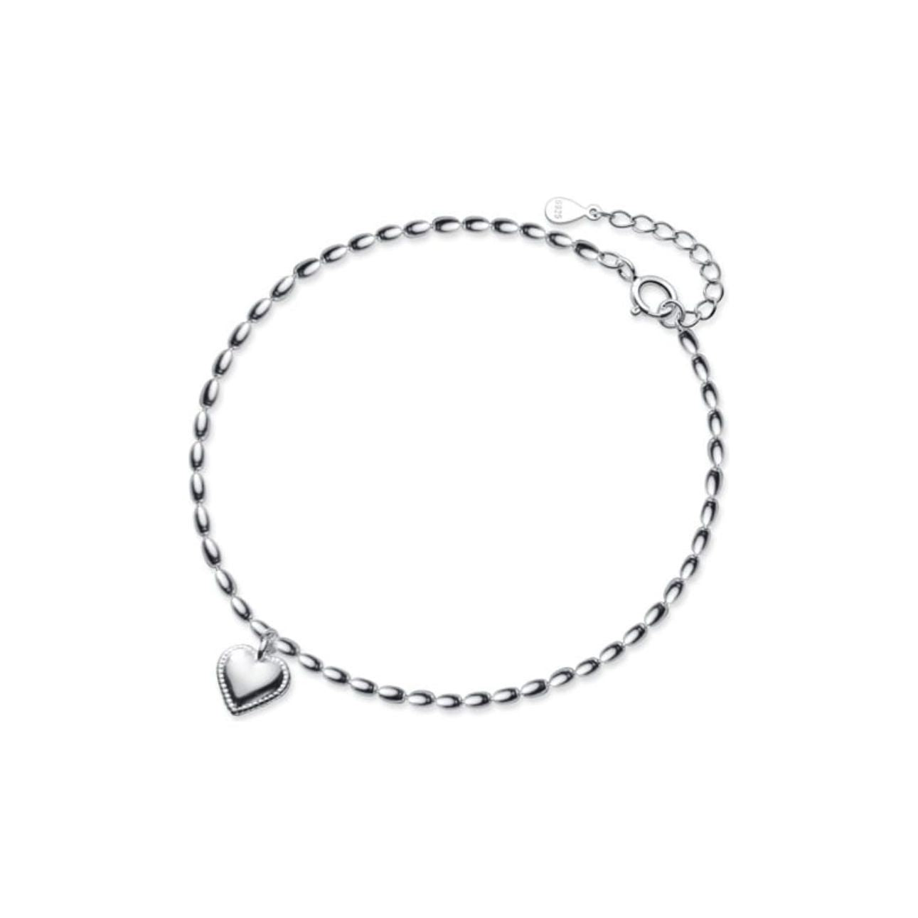 Sterling Silver Heart Charm Beaded Anklet
