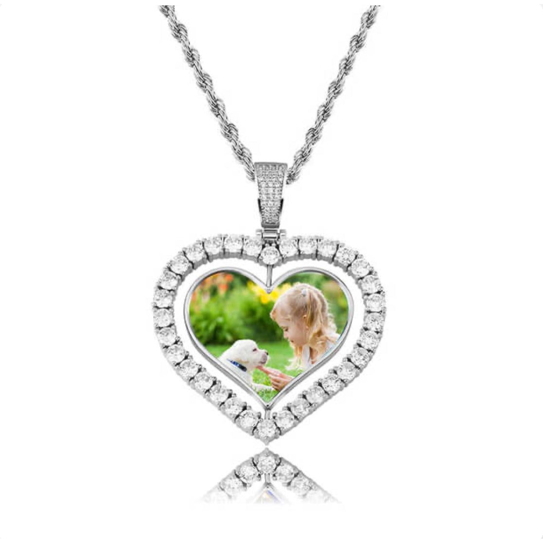 CZ Diamond Custom Rotating Heart Photo Pendant Necklace