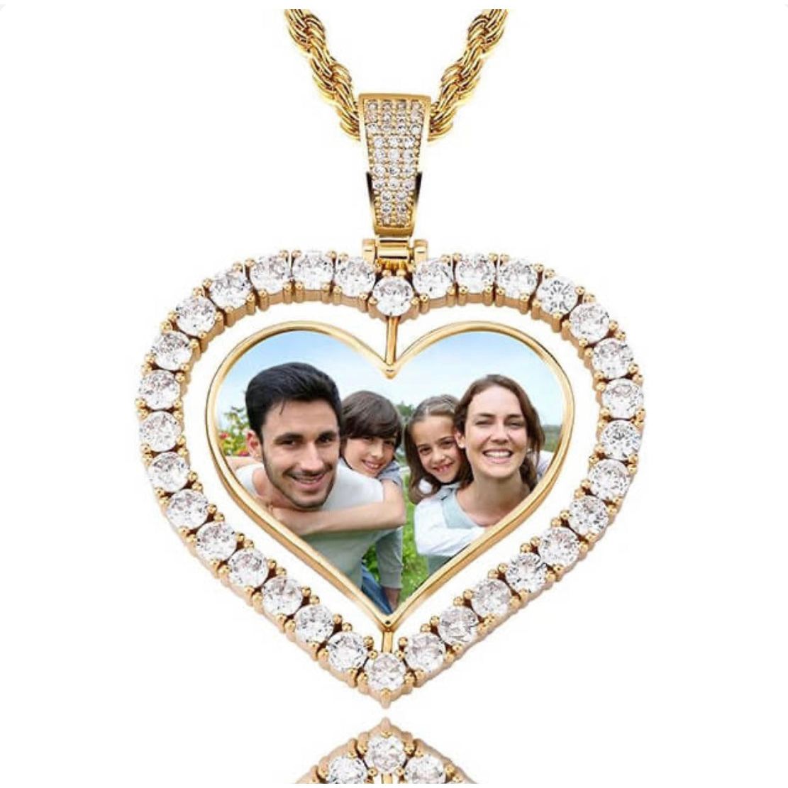 CZ Diamond Custom Rotating Heart Photo Pendant Necklace