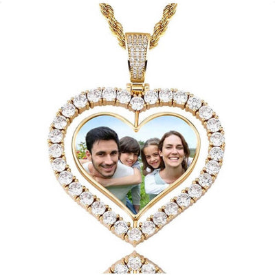 CZ Diamond Custom Rotating Heart Photo Pendant Necklace