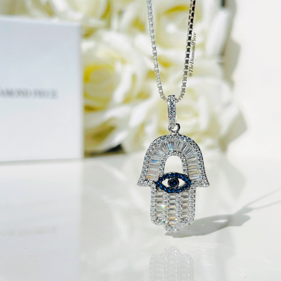 Sterling Silver CZ Diamond & Blue Sapphire Hamsa Evil Eye Necklace