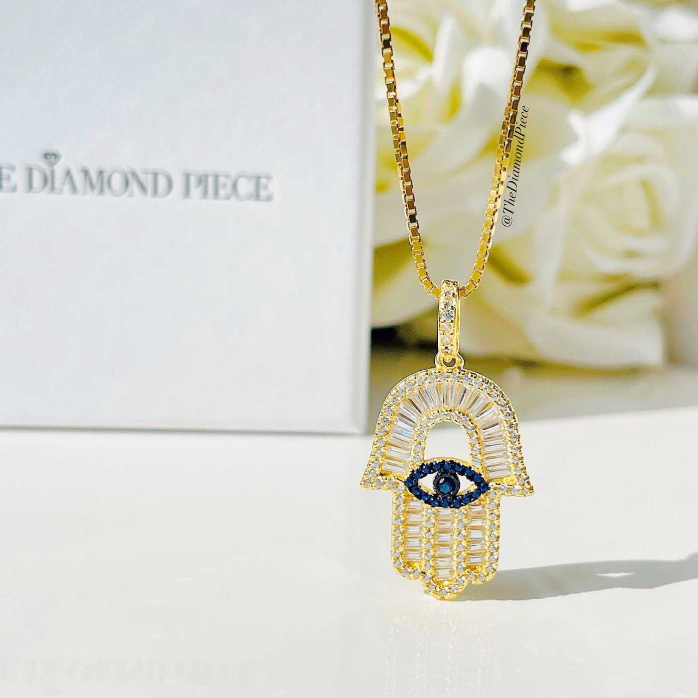 Sterling Silver CZ Diamond & Blue Sapphire Hamsa Evil Eye Necklace