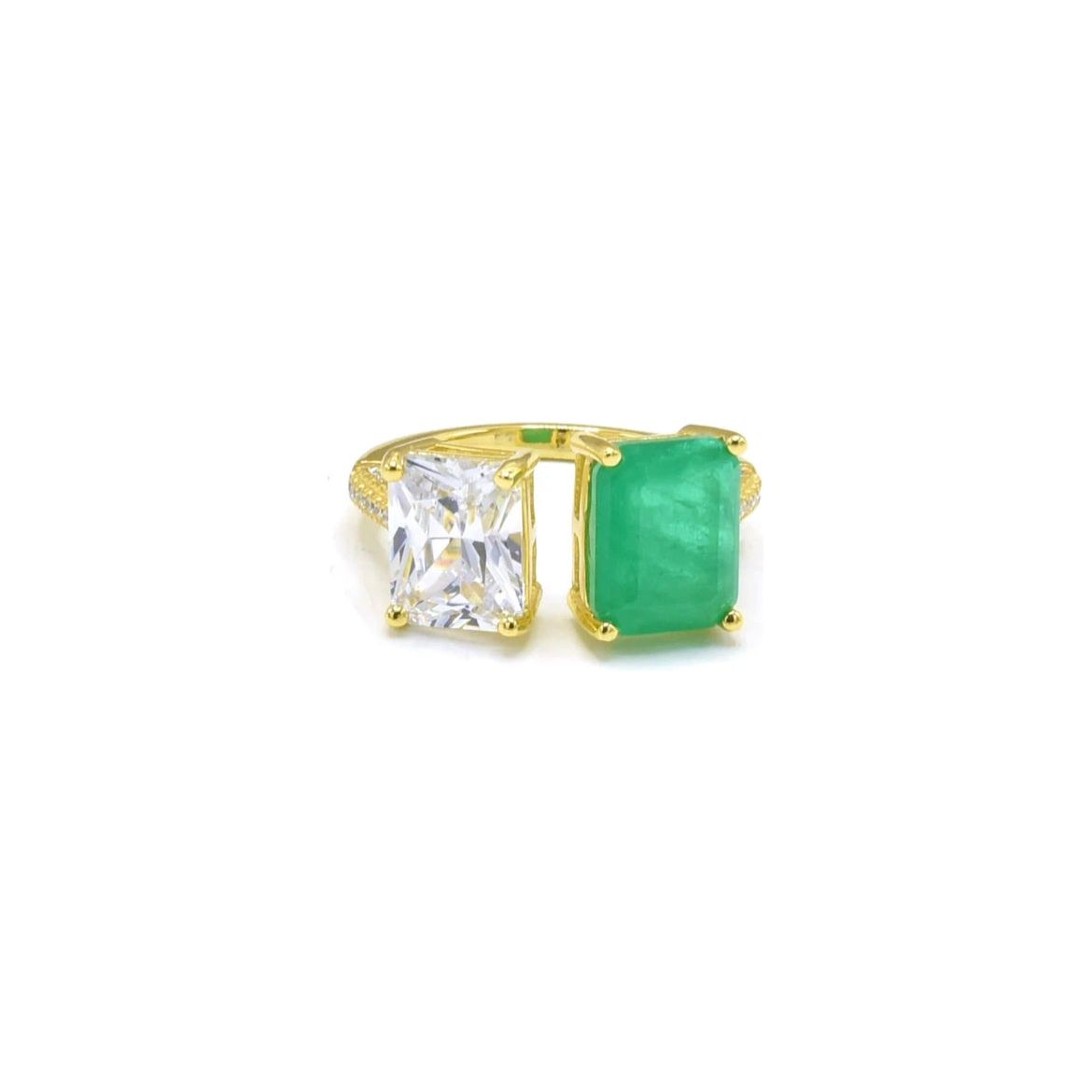 Sterling Silver Two Stone Diamond & Emerald Ring