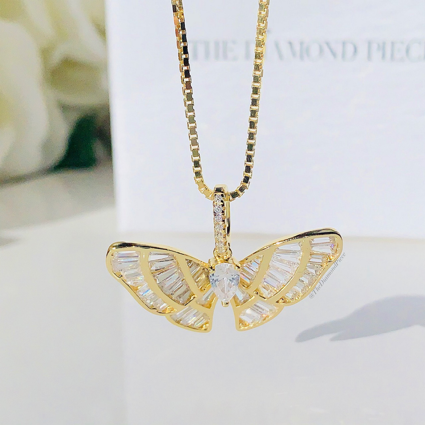 Sterling Silver Baguette Diamond Butterfly Necklace