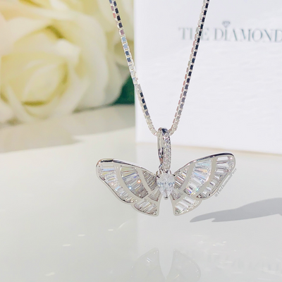 Sterling Silver Baguette Diamond Butterfly Necklace