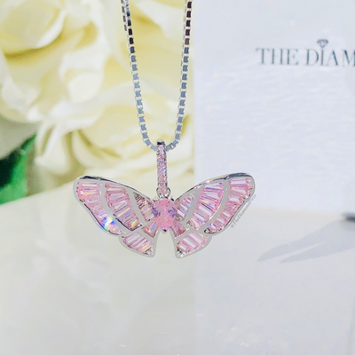 Sterling Silver Baguette Diamond Butterfly Necklace