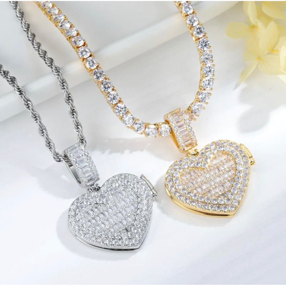 CZ Diamond Heart Photo Locket Necklace