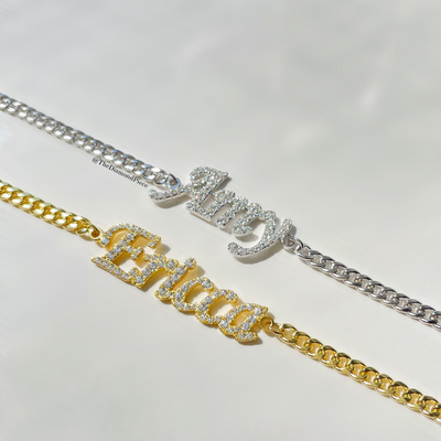 Sterling Silver CZ Diamond Cuban Link Name Bracelet