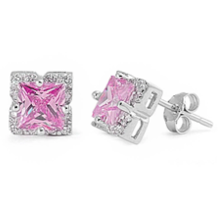 Sterling Silver Halo Princess Cut Pink CZ Diamond Studs