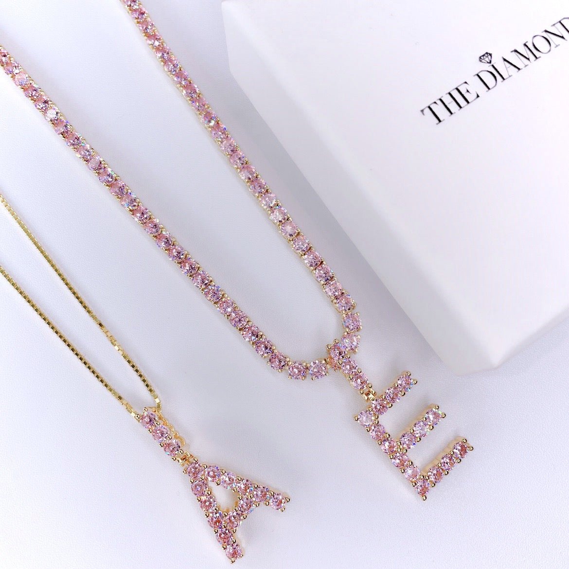 Pink CZ Diamond Initial Tennis Necklace